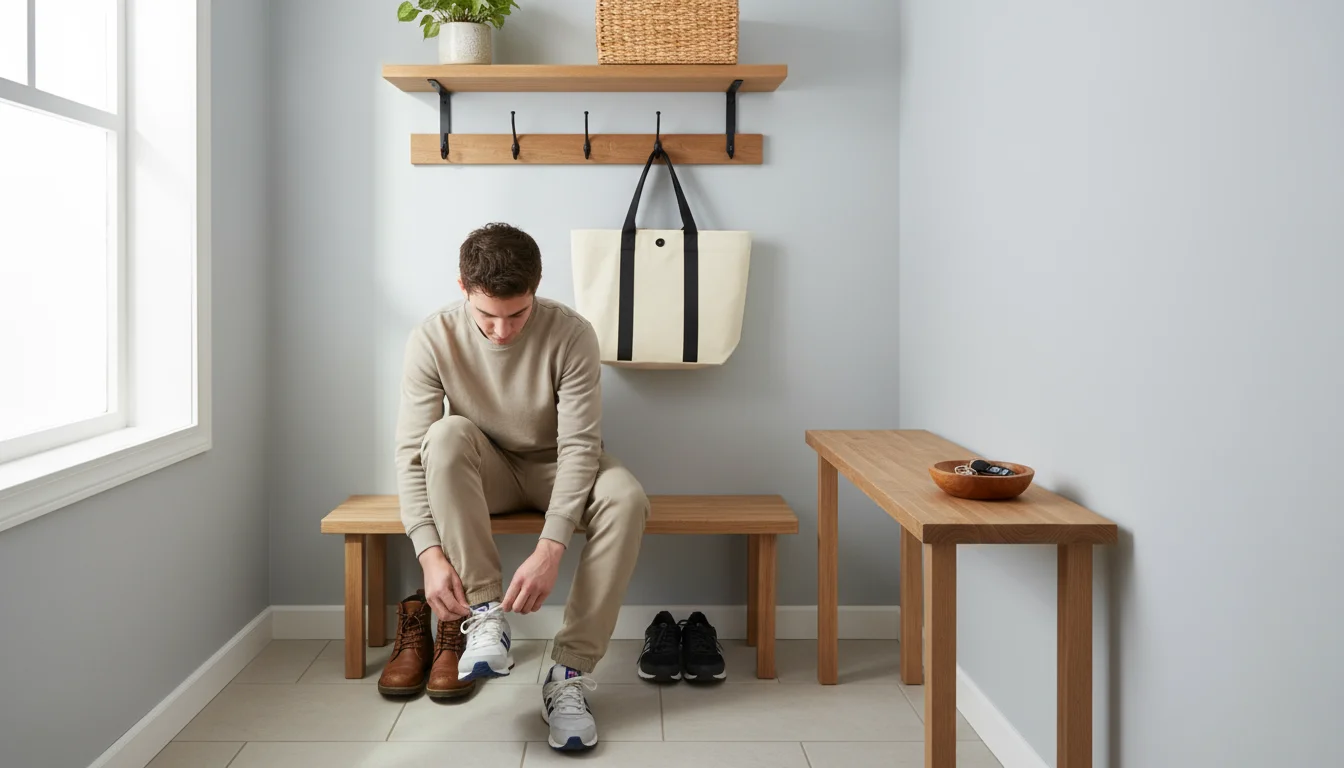 An adult sits on a narrow wooden mudroom bench, tying a shoe. Floating shelves and hooks are above, and a shallow console table is nearby.