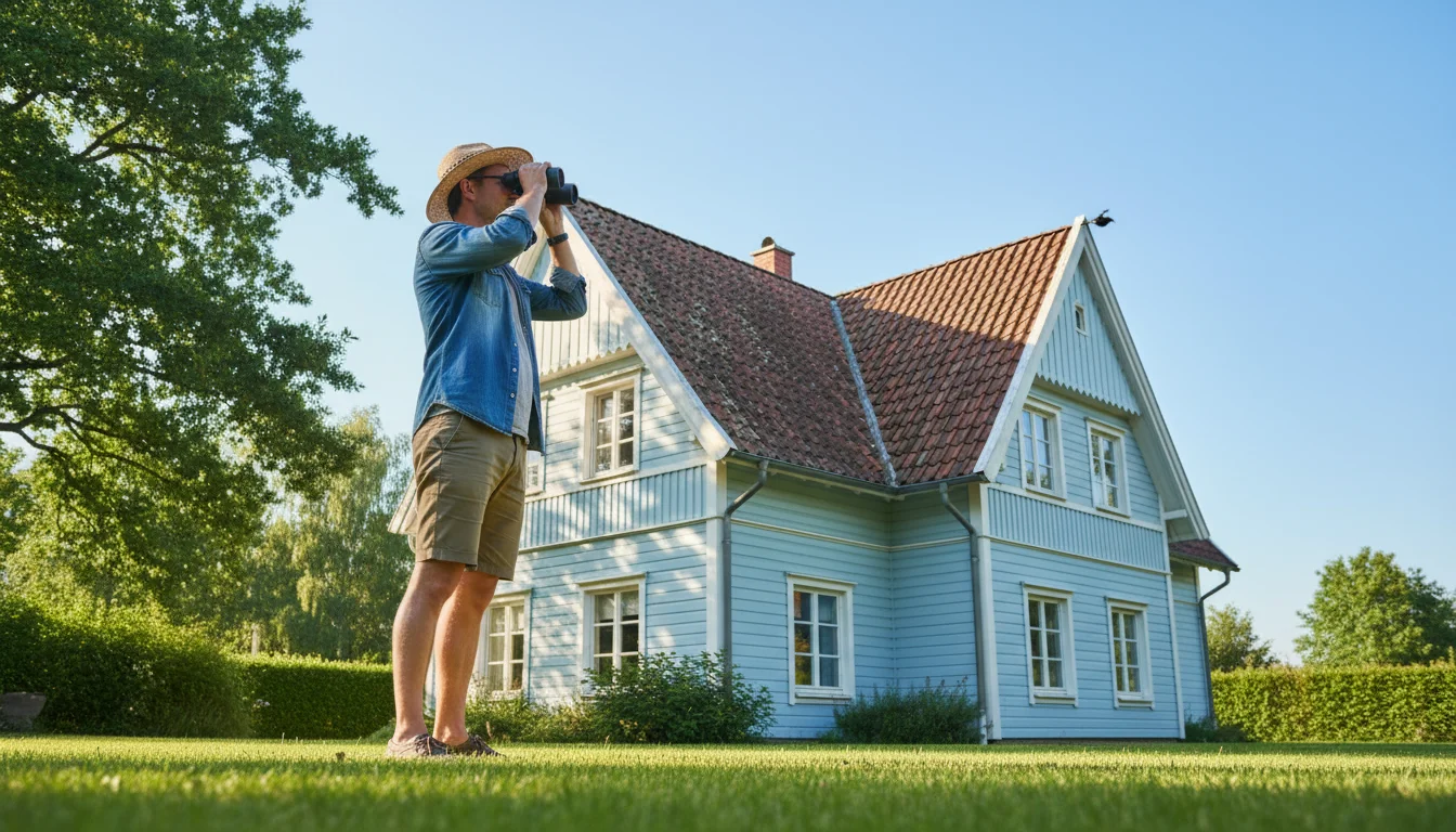 An adult stands on a green lawn on a sunny day, using binoculars to inspect the roof of their two-story home.