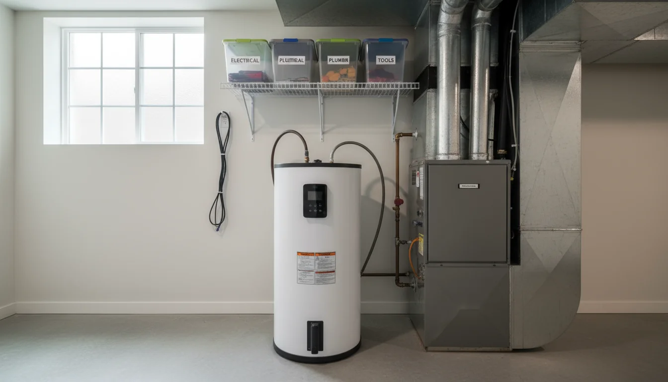 An adult wiping a sleek, white heat pump water heater in a tidy utility corner next to an HVAC furnace.