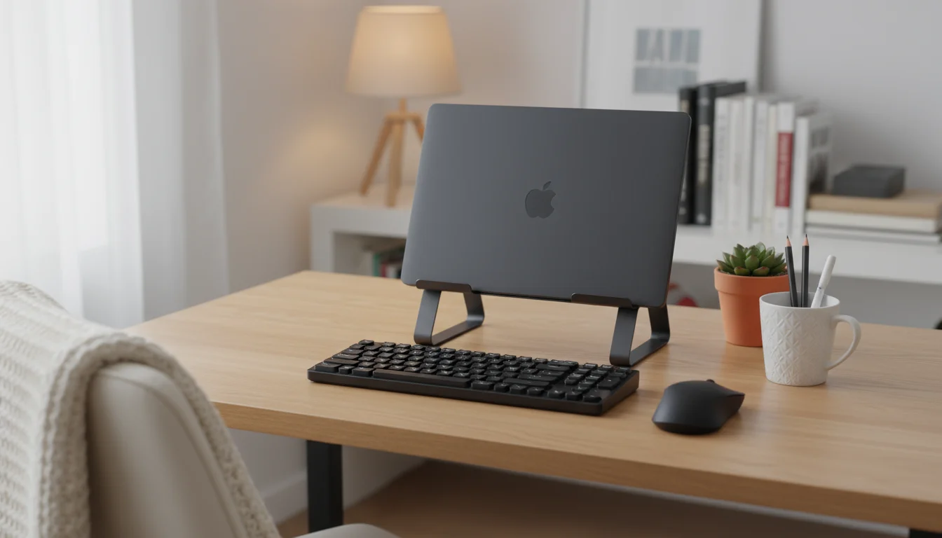 Close-up of affordable ergonomic home office items: laptop stand, external keyboard, mouse, and a corner of a memory foam seat cushion on a light wood