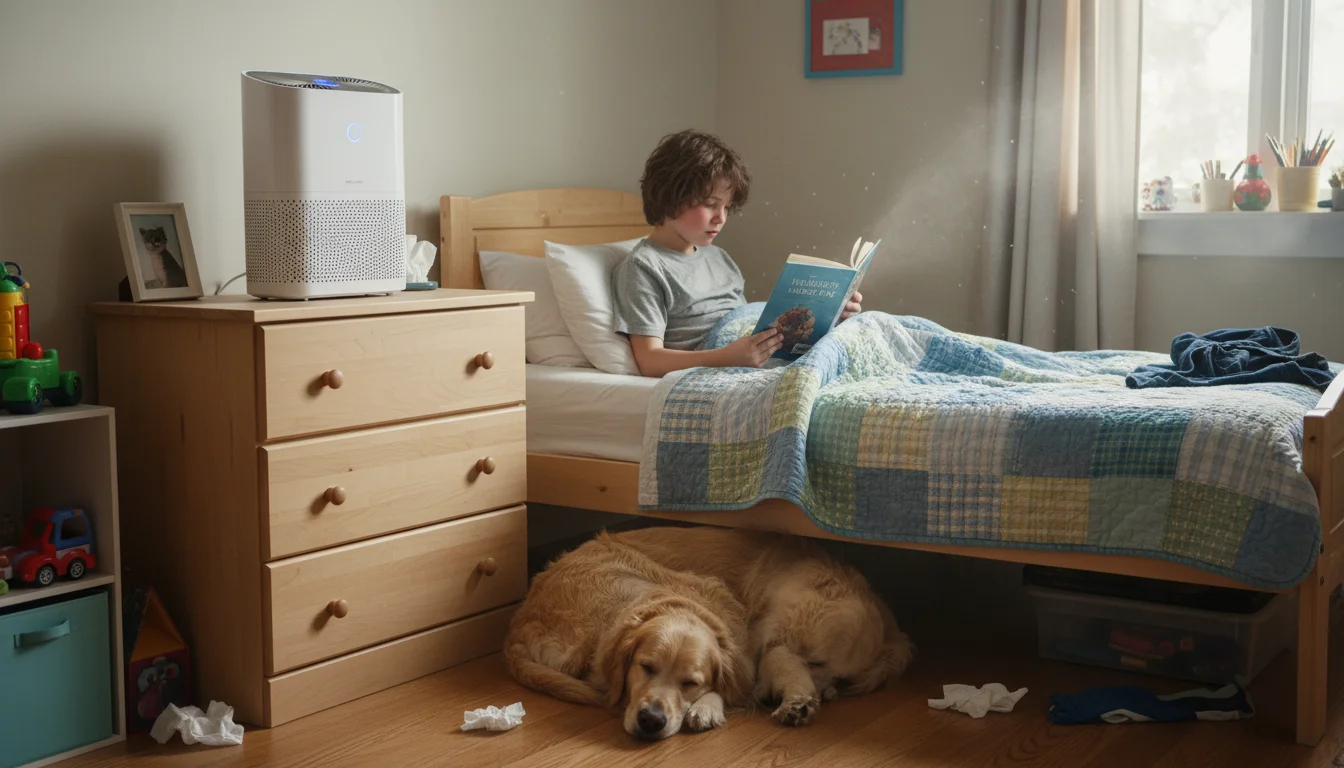 An air purifier runs in a child's bedroom with a sleeping dog and a child reading on the bed.