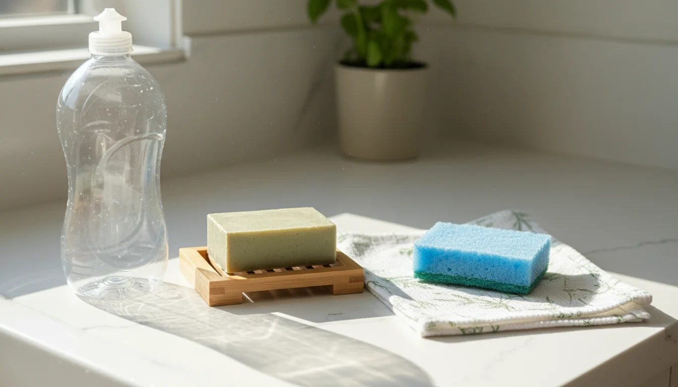 An almost empty plastic dish soap bottle next to a new bar soap and natural loofah on a kitchen counter, showing gradual changes.