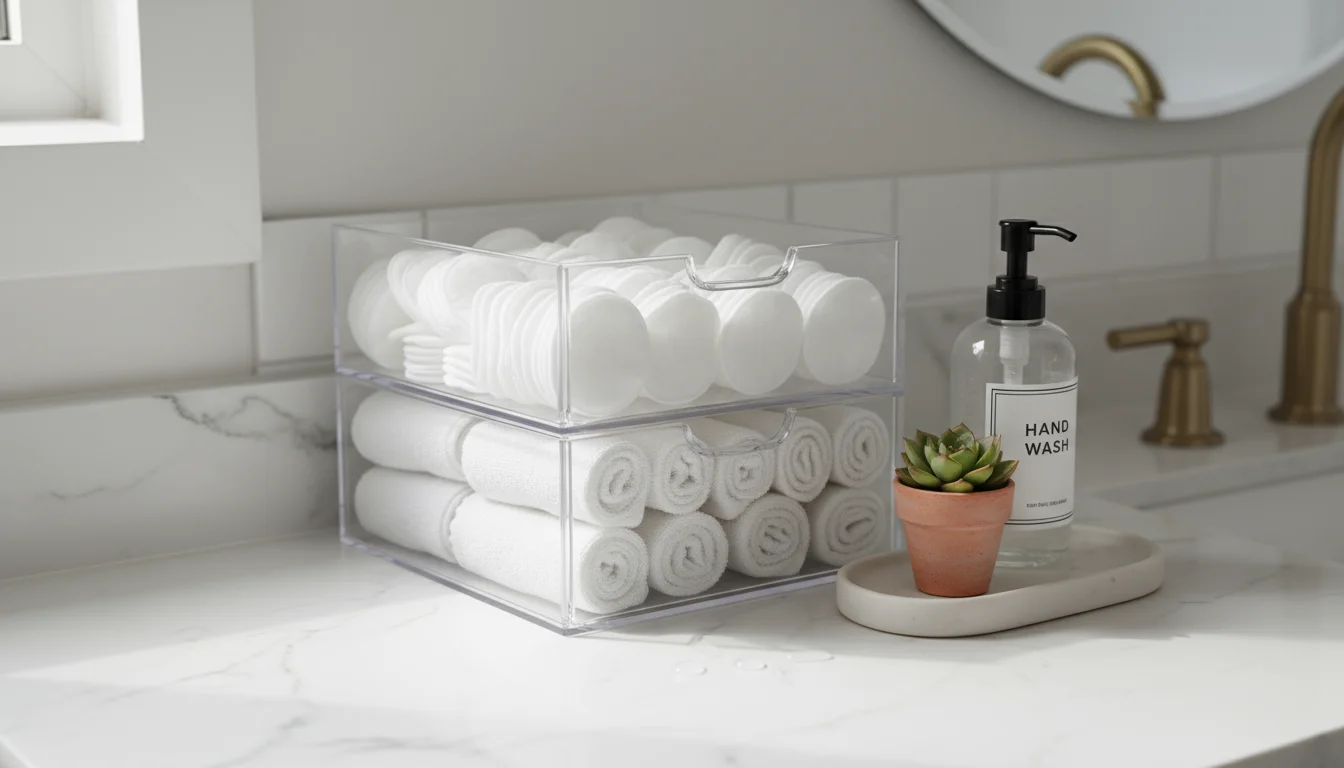 Angled view of a bathroom counter with clear acrylic drawers holding toiletries and a small tray with soap and a succulent.