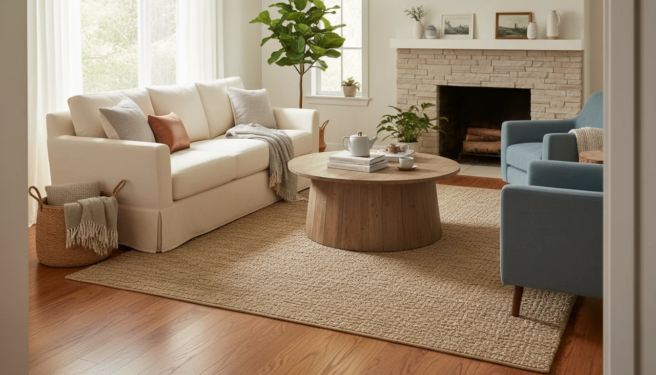 An angled view into a living room, showing a neutral rug with a sofa's front legs on it and consistent bare floor around the edges.