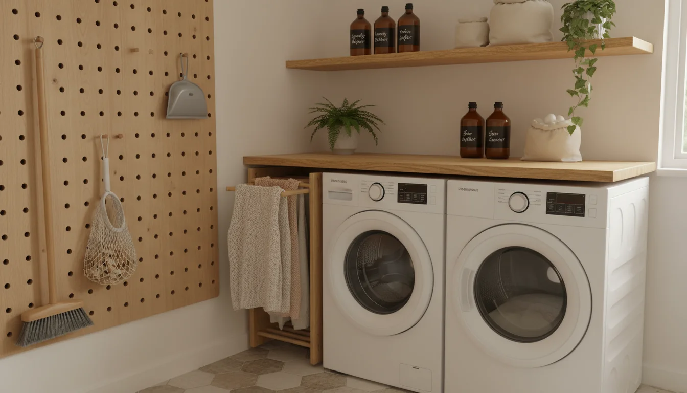 Angled view of an organized laundry nook with wall-mounted shelf, pull-out drying rack, and pegboard for cleaning tools.