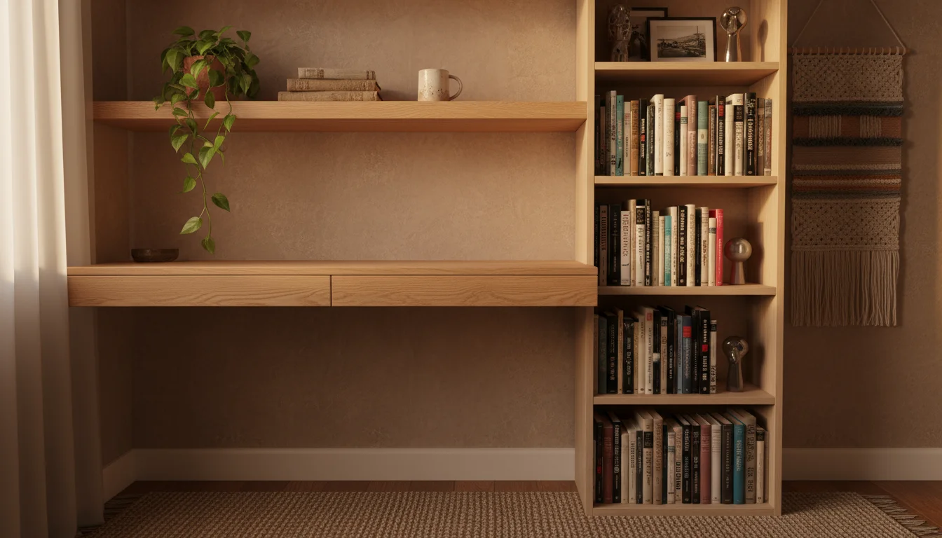 Angled view up a studio wall showcasing a tidy wall-mounted desk, floating shelves with books and plants, and a tall, slim bookshelf.