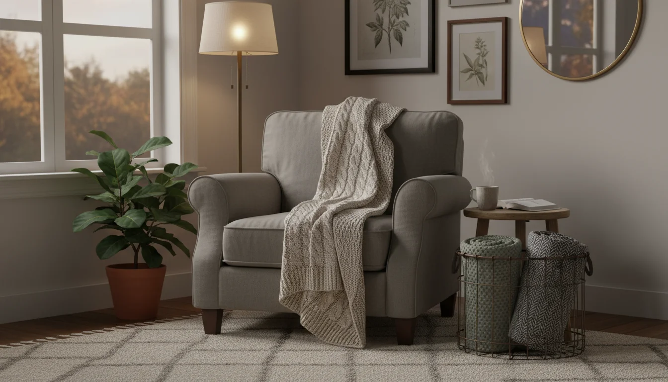 An inviting armchair with a cream knitted throw draped over its back, and a dark metal basket with rolled blankets beside it.