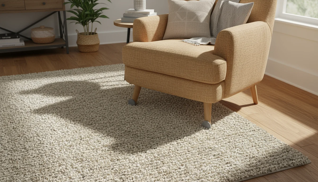 An armchair on a neutral area rug over hardwood floors, showing a felt pad under one leg.