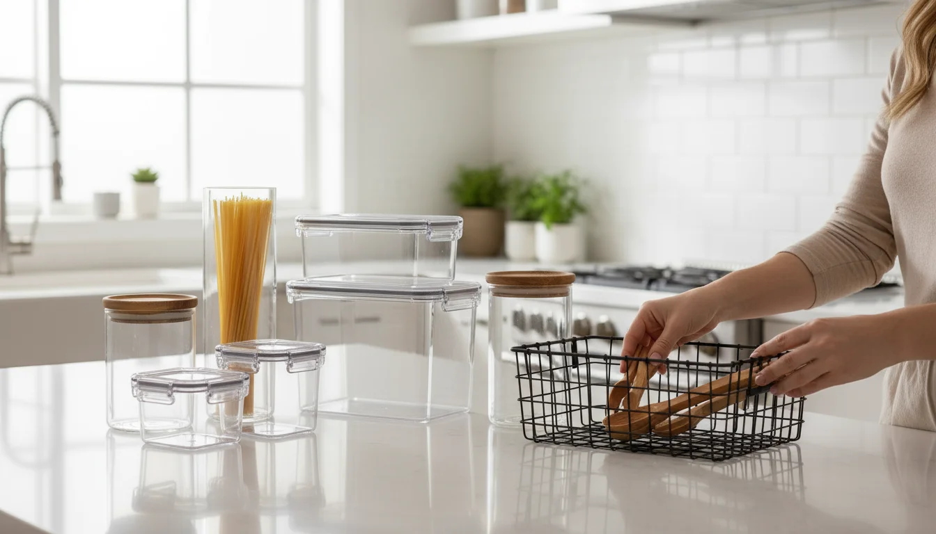 An assortment of clear plastic bins, glass jars, and a wire basket laid out on a kitchen counter with a hand near labels.