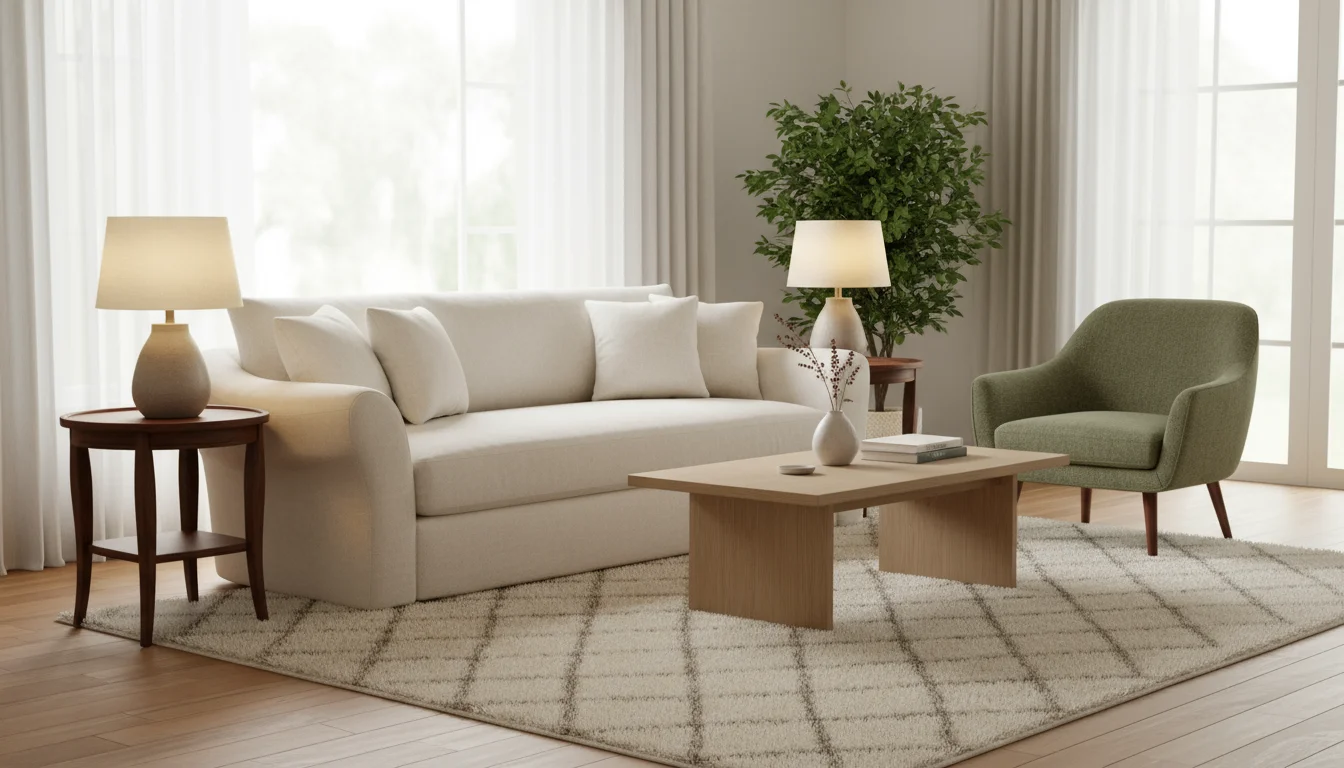 A balanced living room featuring a cream sofa, two side tables with lamps, a wooden coffee table, and an armchair.