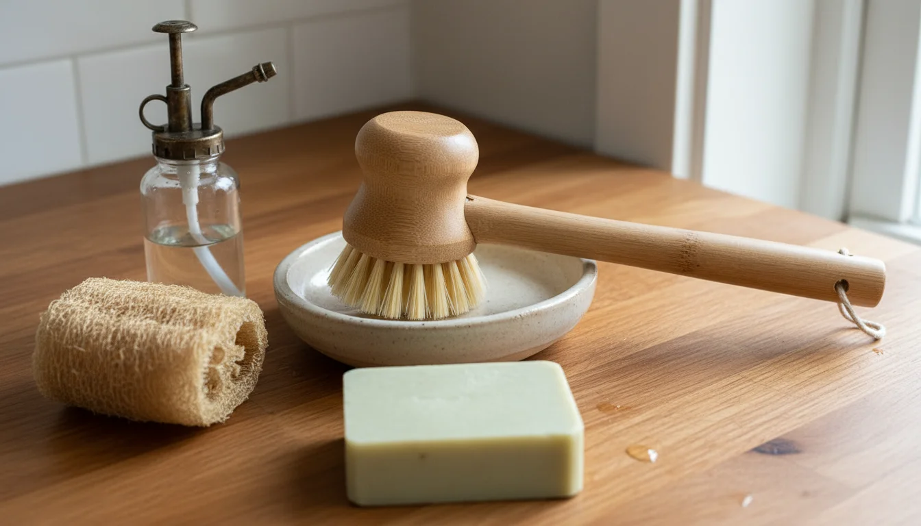 A bamboo dish brush, solid dish soap bar, and natural loofah sponge resting by a kitchen sink.