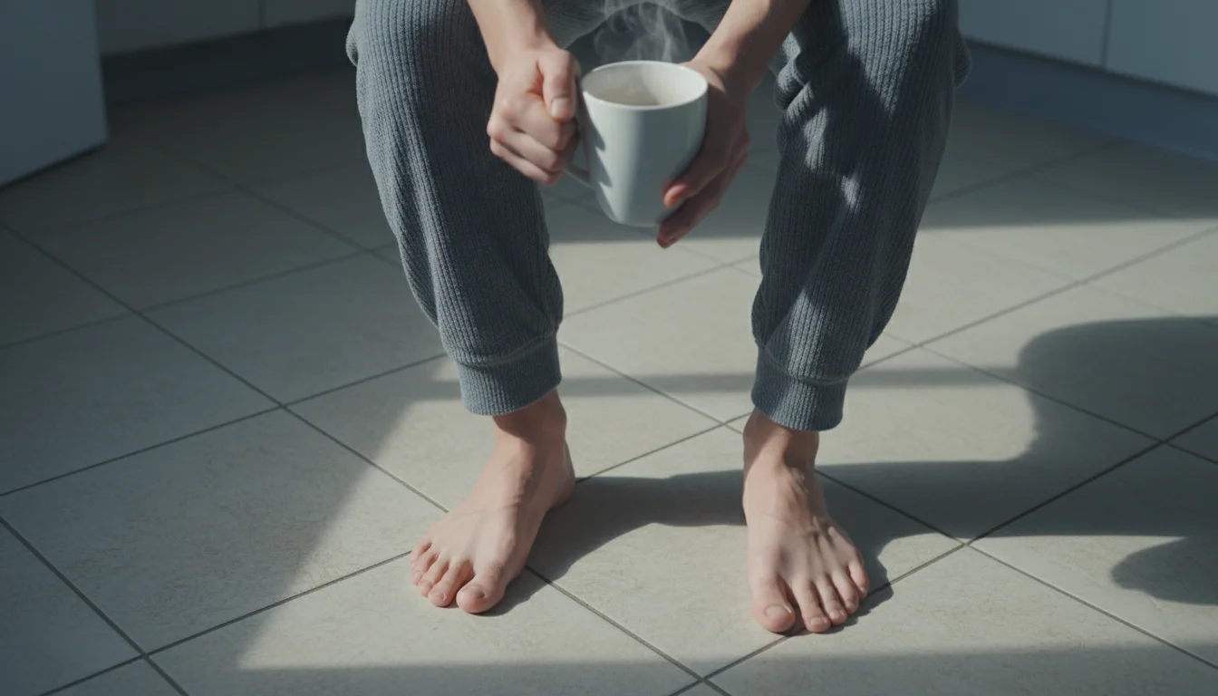Bare feet on a light-colored kitchen tile floor on a cool morning, with a person holding a warm mug.