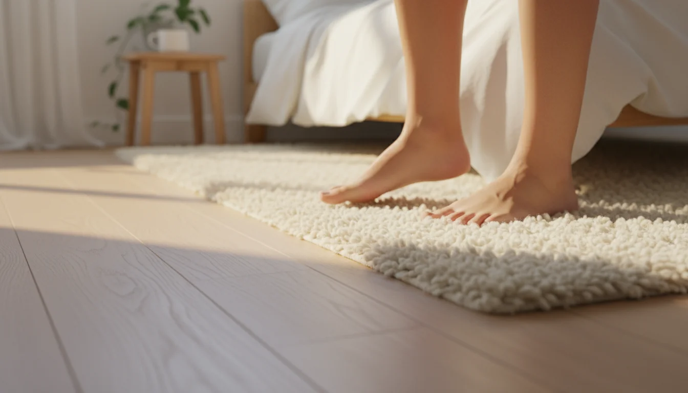 Bare feet stepping from hardwood onto a cream wool rug in morning light.