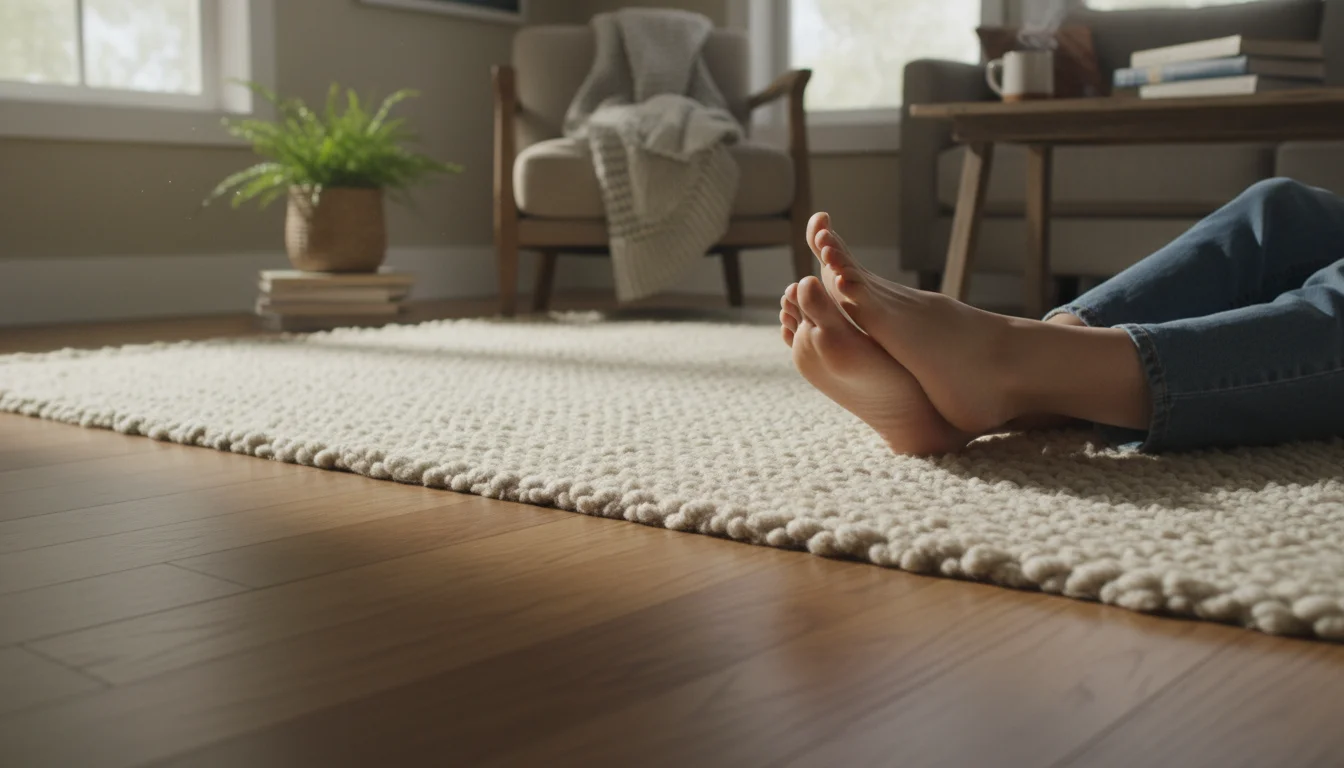 Bare feet on a thick, textured wool rug over hardwood in a softly lit living room with a blanket, mug, and book nearby.
