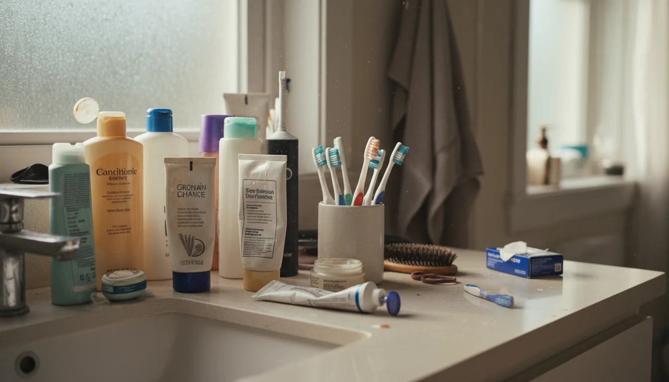 A bathroom counter showing everyday items like shampoo bottles, skincare tubes, and toothbrushes slightly scattered, with an empty woven basket nearby