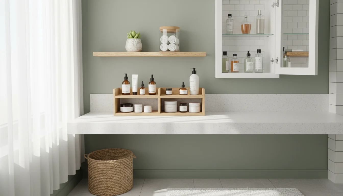 A bathroom counter features a two-tiered bamboo organizer with skincare. Above, a narrow shelf holds a plant. A medicine cabinet is slightly open.