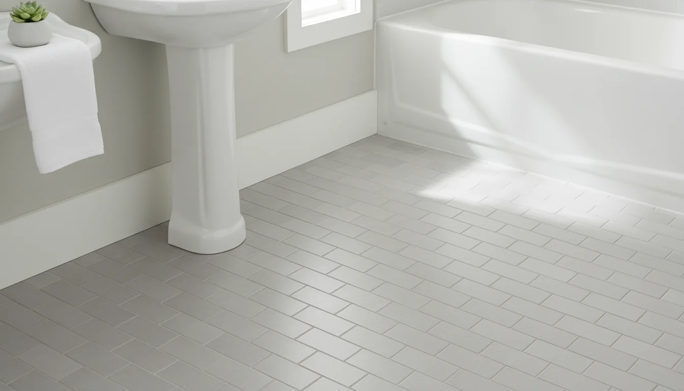 Bathroom floor with light grey vinyl peel and stick tiles resembling subway tile, extending from a pedestal sink to a bathtub.