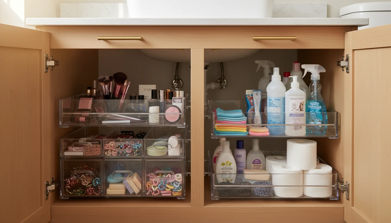 Bathroom under-sink cabinet with clear tiered shelves of cleaning supplies, pull-out drawers, makeup dividers, and clear bins.