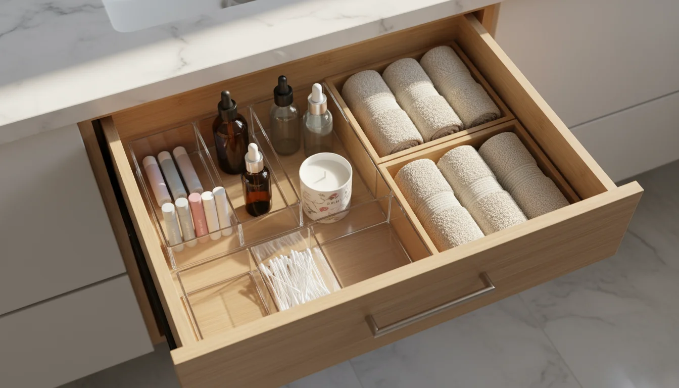 Overhead view of a bathroom vanity drawer, slightly open. Inside, clear and bamboo dividers organize toiletries like lip balm, serums, and cotton swab