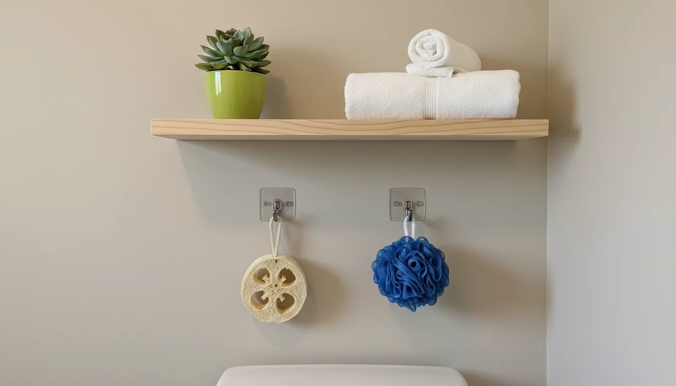 Eye-level view of a bathroom wall with a light-colored floating shelf holding a plant and towels, and two wall hooks with a towel.
