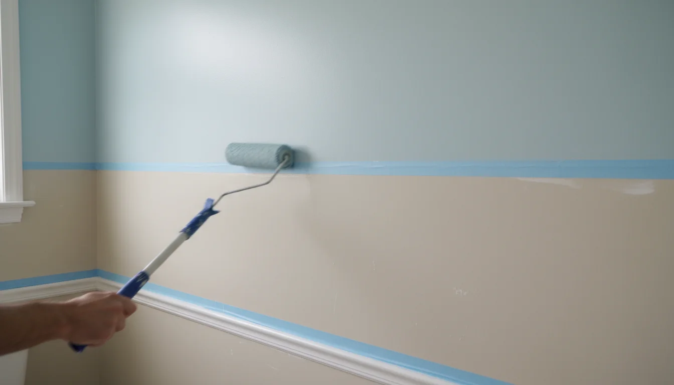 A bathroom wall partially painted in a fresh, light blue-gray, contrasting with dull old paint. Painter's tape is visible, and an arm uses a roller.
