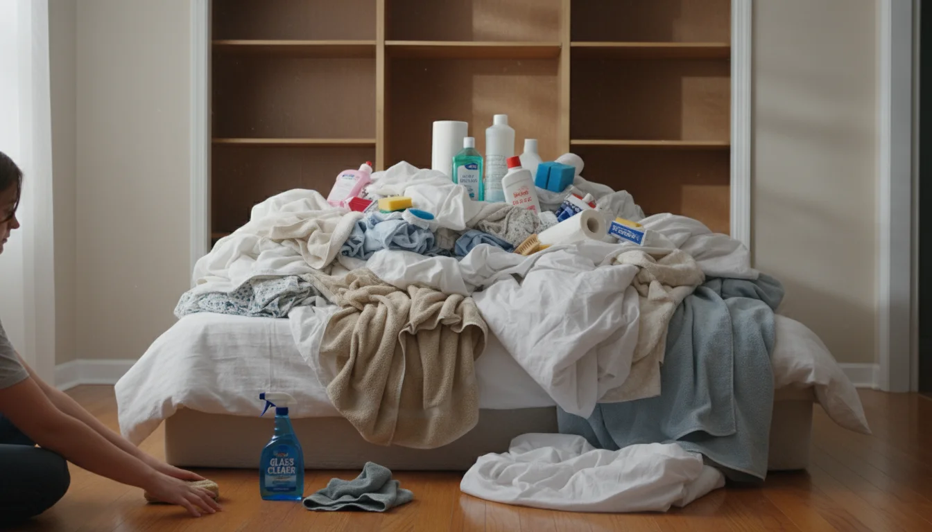 A bed is covered in a large, messy pile of laundry, toiletries, and cleaning supplies. An empty, dusty linen closet is open behind it.