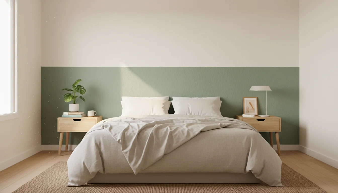Bedroom with a bed against a sage green accent wall, simple nightstand beside it.