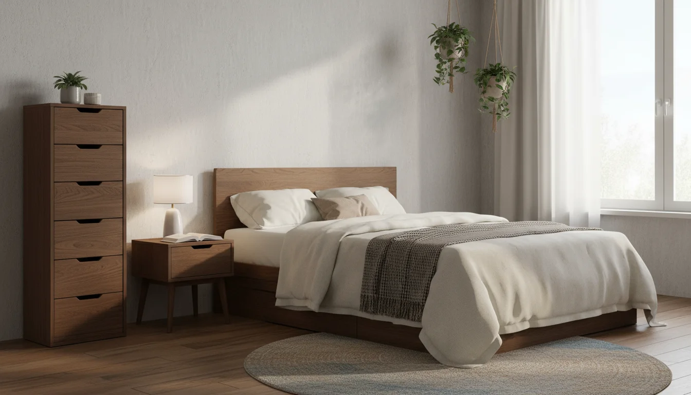 A bedroom showing a bed against a wall, a nightstand with a lamp, and a tall dresser along another wall, indicating practical furniture placement.