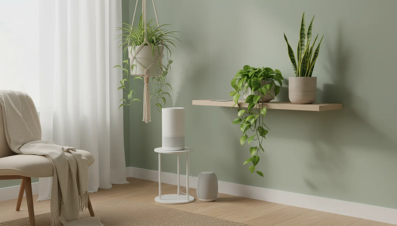 A bedroom corner with a floating wood shelf holding a trailing Pothos and a compact Snake Plant, and a hanging Spider Plant in macrame.