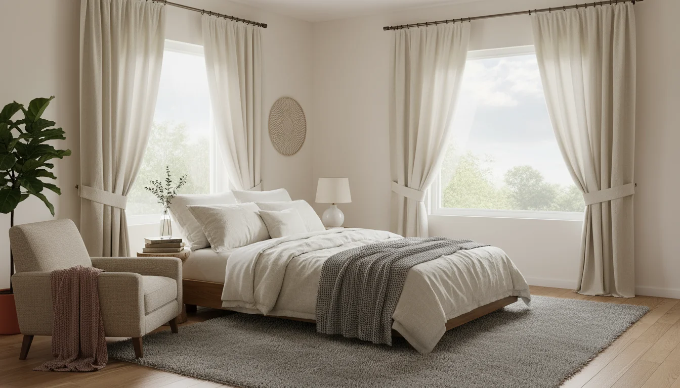 Bedroom corner with light cream linen curtains hung high and wide, a soft gray wool area rug, and a cat napping on the rug.
