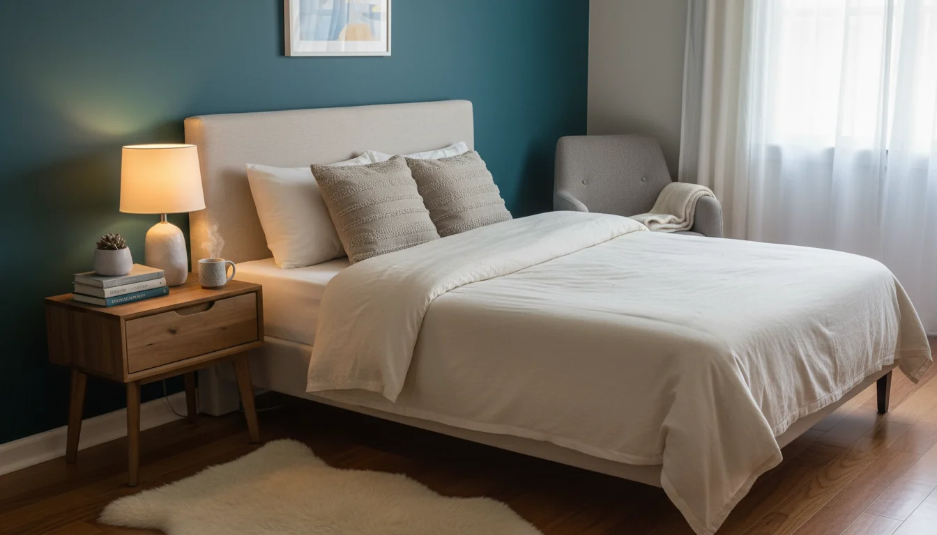 A bedroom with a deep teal accent wall behind a light fabric headboard, showing a neatly made bed and a wooden nightstand.