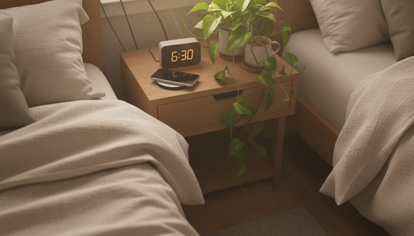 A bedroom nightstand with a charging smartphone, digital alarm clock, and visible power cables under soft morning light.