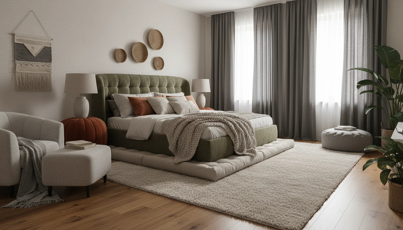A wide, slightly elevated view of a bedroom showing a plush cream rug on hardwood, heavy charcoal drapes, and a large woven wall tapestry for sound ab