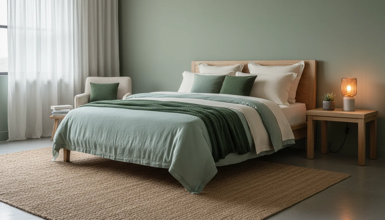 A bedroom with soft sage green walls and a bed featuring layered green and cream bedding. A plant sits on a simple bedside table.