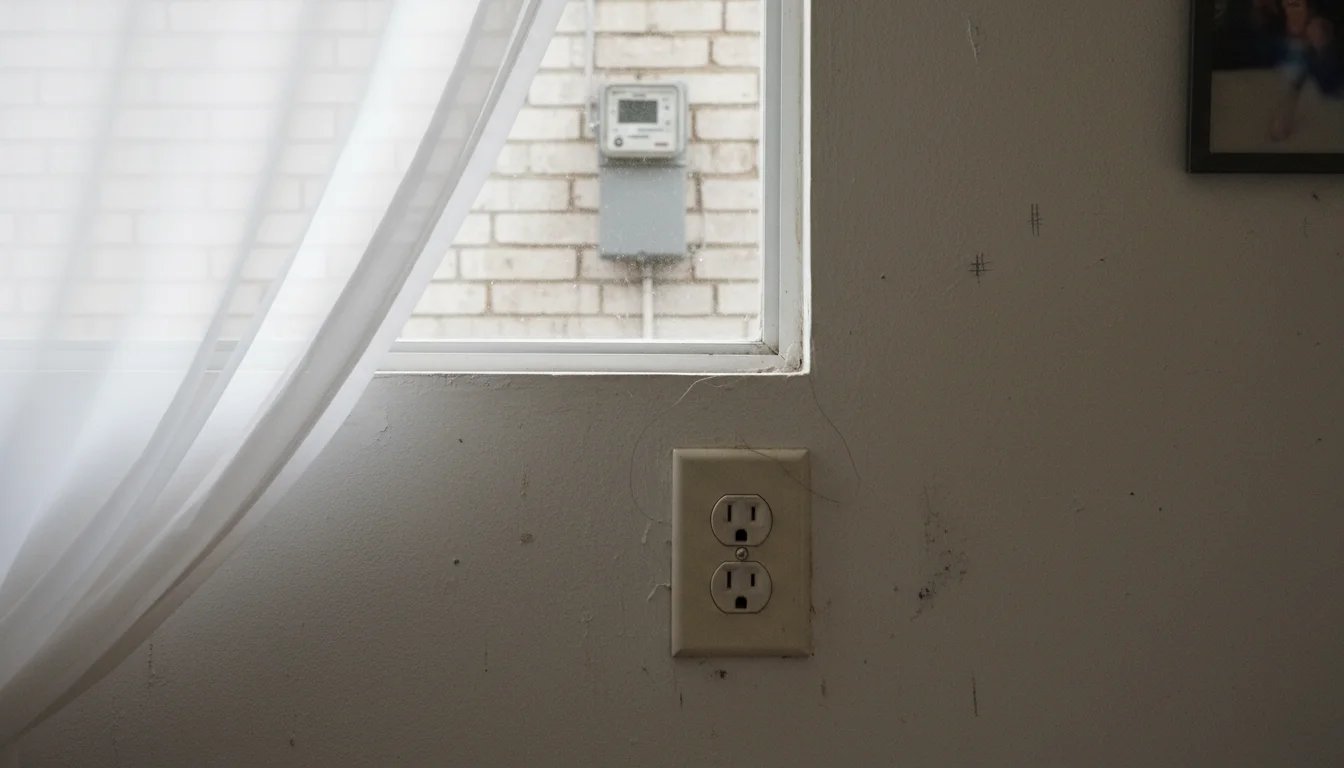 A close-up of a bedroom wall with an electrical outlet and a smart meter visible outside the window.