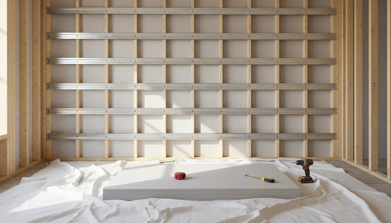 Medium shot of a bedroom wall under renovation, showing silver resilient channels on wooden studs. Stacked soundproof drywall panels are on the floor;