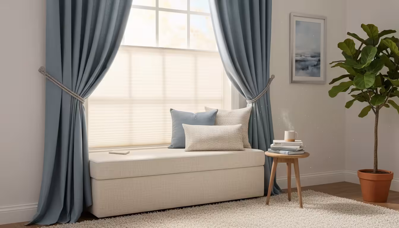 A bedroom window with thick, muted blue-gray sound-blocking curtains partially open over light-filtering cellular blinds, showing a quiet space.