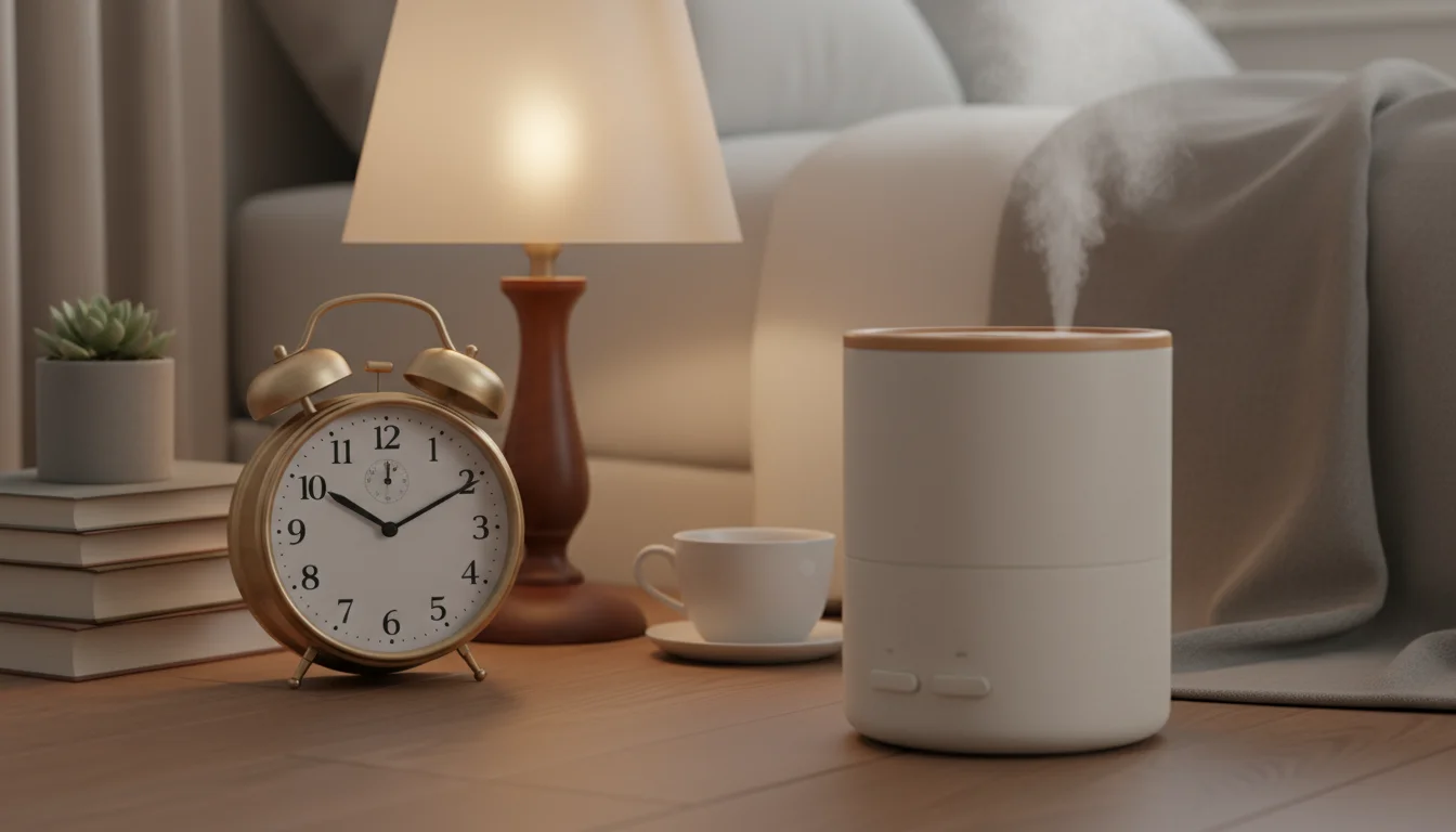 A bedside table with a battery-operated analog clock, a lamp with an incandescent bulb, and a simple humidifier on the floor.