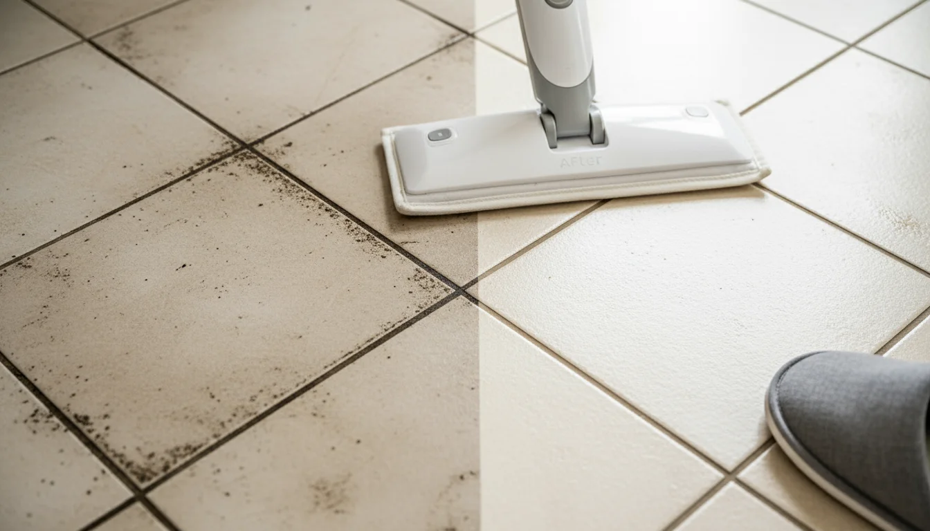 Before and after comparison of a ceramic tile floor, showing one section clean from steam mopping and another with light dirt.