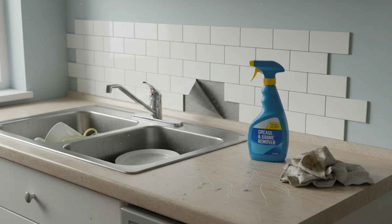A bottom corner of a white peel-and-stick backsplash tile is peeling away from a kitchen wall, with a degreaser spray bottle and rag nearby on the cou