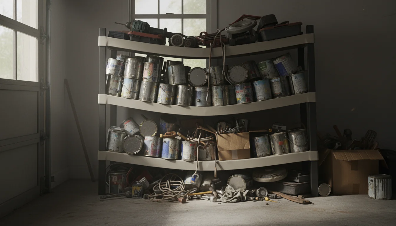 Bowing plastic garage shelf overloaded with paint cans, tools, and cardboard boxes, with items spilling onto the floor.