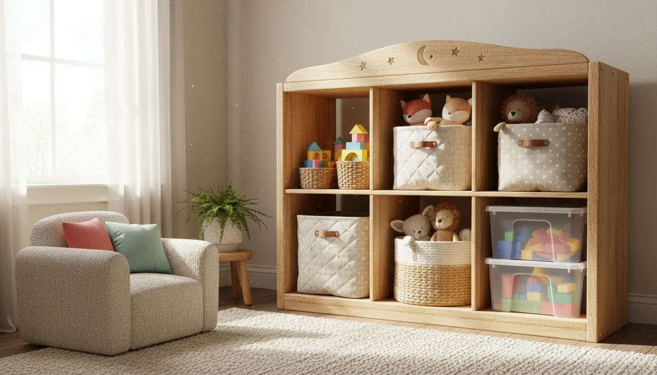 A bright child's room corner features a light wooden cubby shelf unit holding various thrifted storage baskets and bins, neatly organized with colorfu