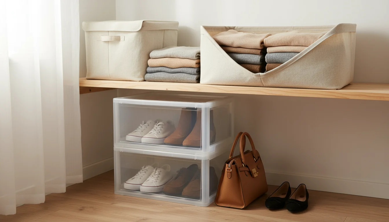 A bright closet section features soft linen-blend fabric bins holding sweaters and clear stackable bins with shoes and a handbag.