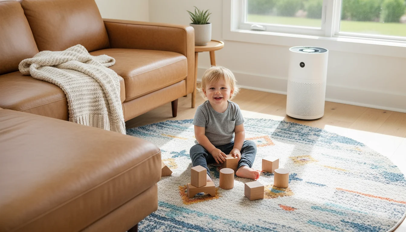 A bright, cozy living room. A toddler plays on a patterned washable rug. A tan leather sofa, wooden coffee table, and a modern HEPA air purifier are v
