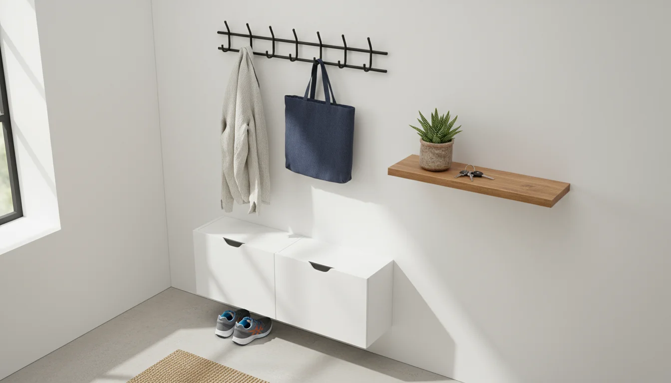 Bright entryway with a white wall-mounted shoe cabinet, black metal coat rack, and wood floating shelf with keys and a plant.