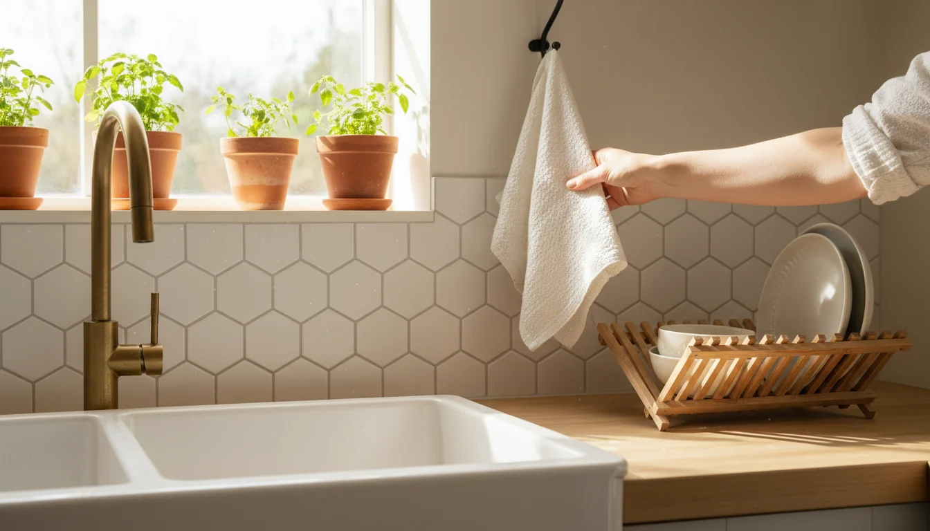 Bright kitchen corner with a new peel and stick tile backsplash behind a sink, showing drying dishes and a hand reaching for a dishtowel.