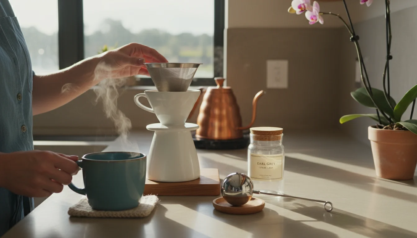 A bright kitchen counter with a woman's hands placing a stainless steel mesh coffee filter into a pour-over cone, alongside a jar of loose-leaf tea an