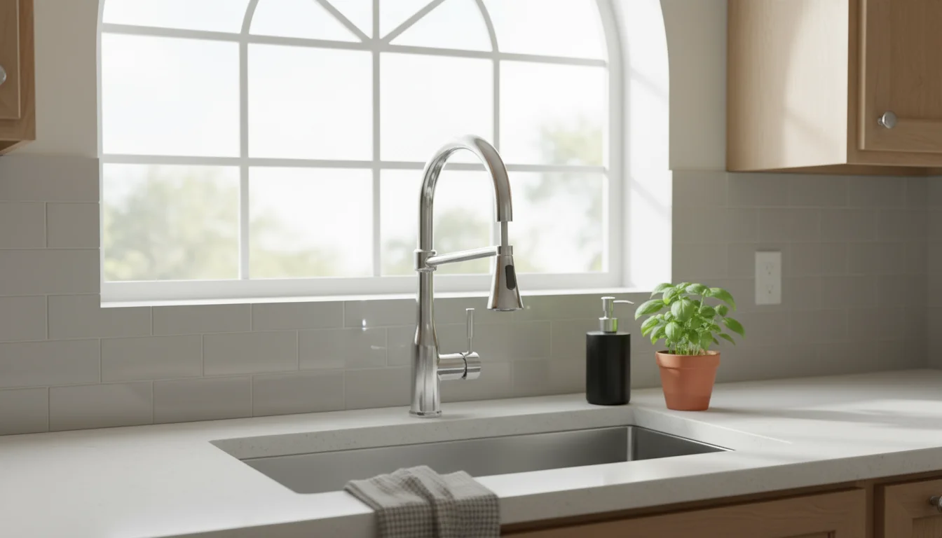 Bright kitchen sink with a new, sleek chrome water-efficient faucet, spotless stainless steel sink, and tidy counter.