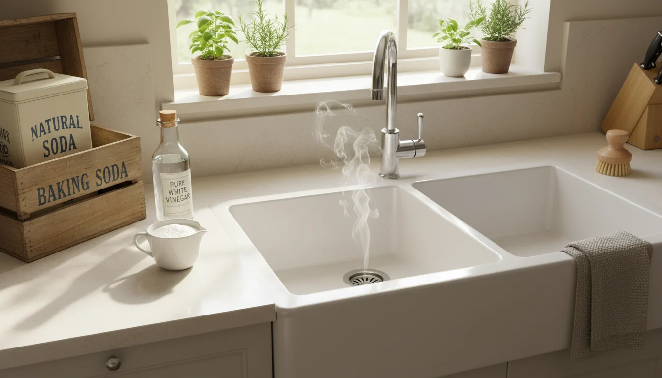 Bright kitchen sink with steam from drain, baking soda box, white vinegar, and measuring cup on counter, ready for drain cleaning.