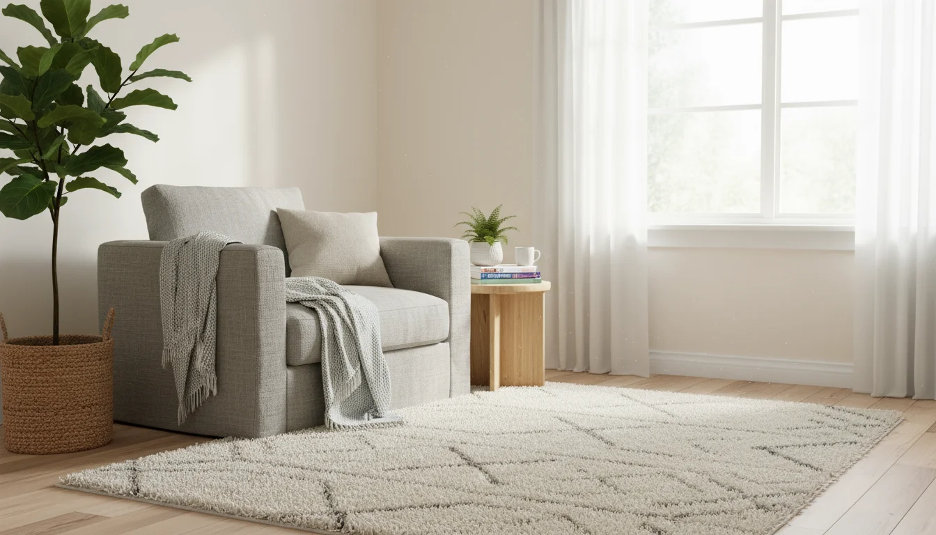 A bright living room corner with off-white walls, a light wood floor, and a pale beige armchair, visibly reflecting natural light from a window.